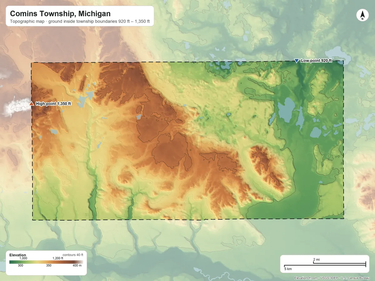 Topographic elevation map of Comins Township, Michigan, shaded from 920 ft on the northeast side to 1,350 ft on the west edge, below higher ground just outside