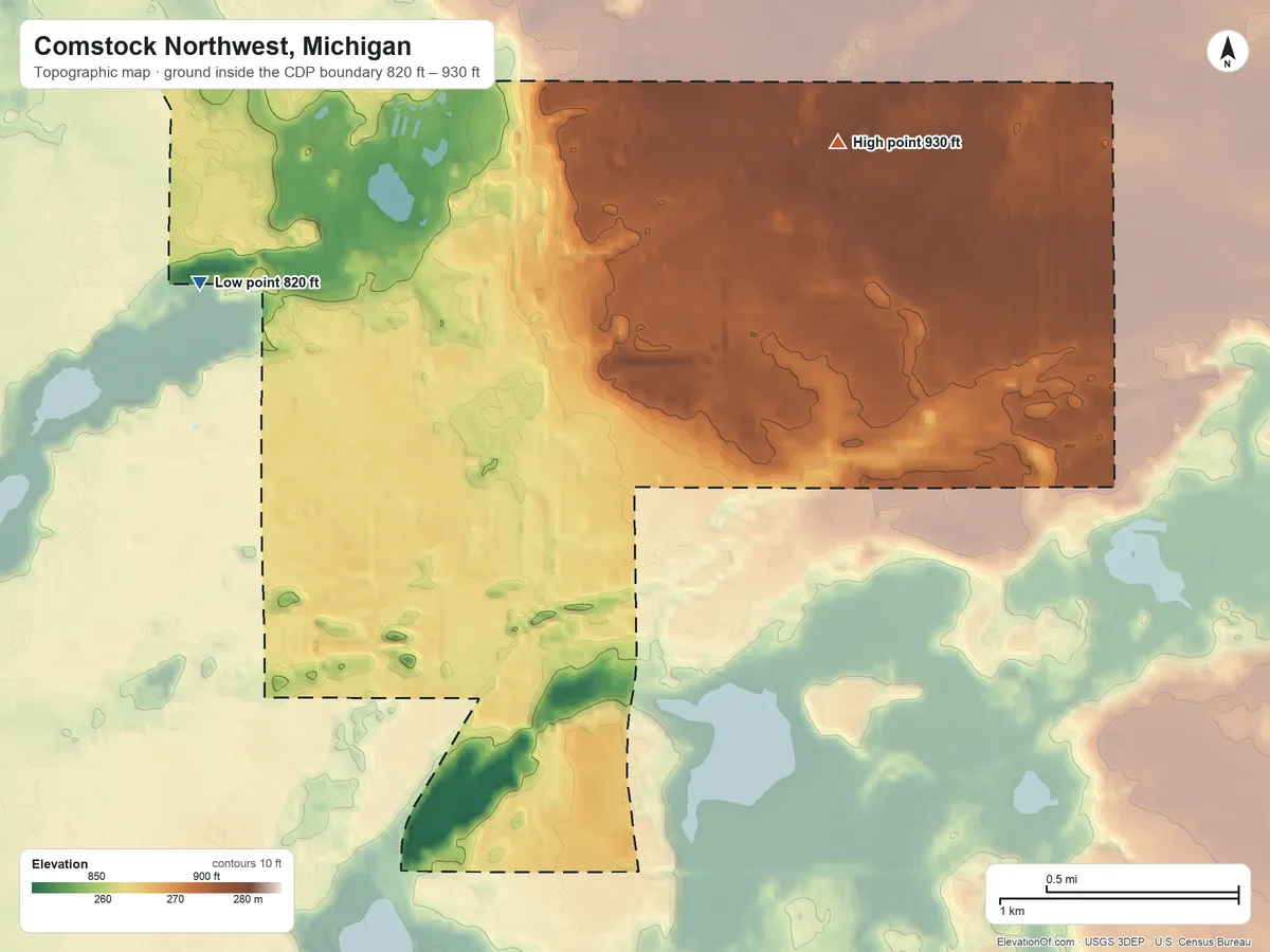 Topographic elevation map of Comstock Northwest, Michigan, shaded from 820 ft on the west side to 930 ft on the northeast side