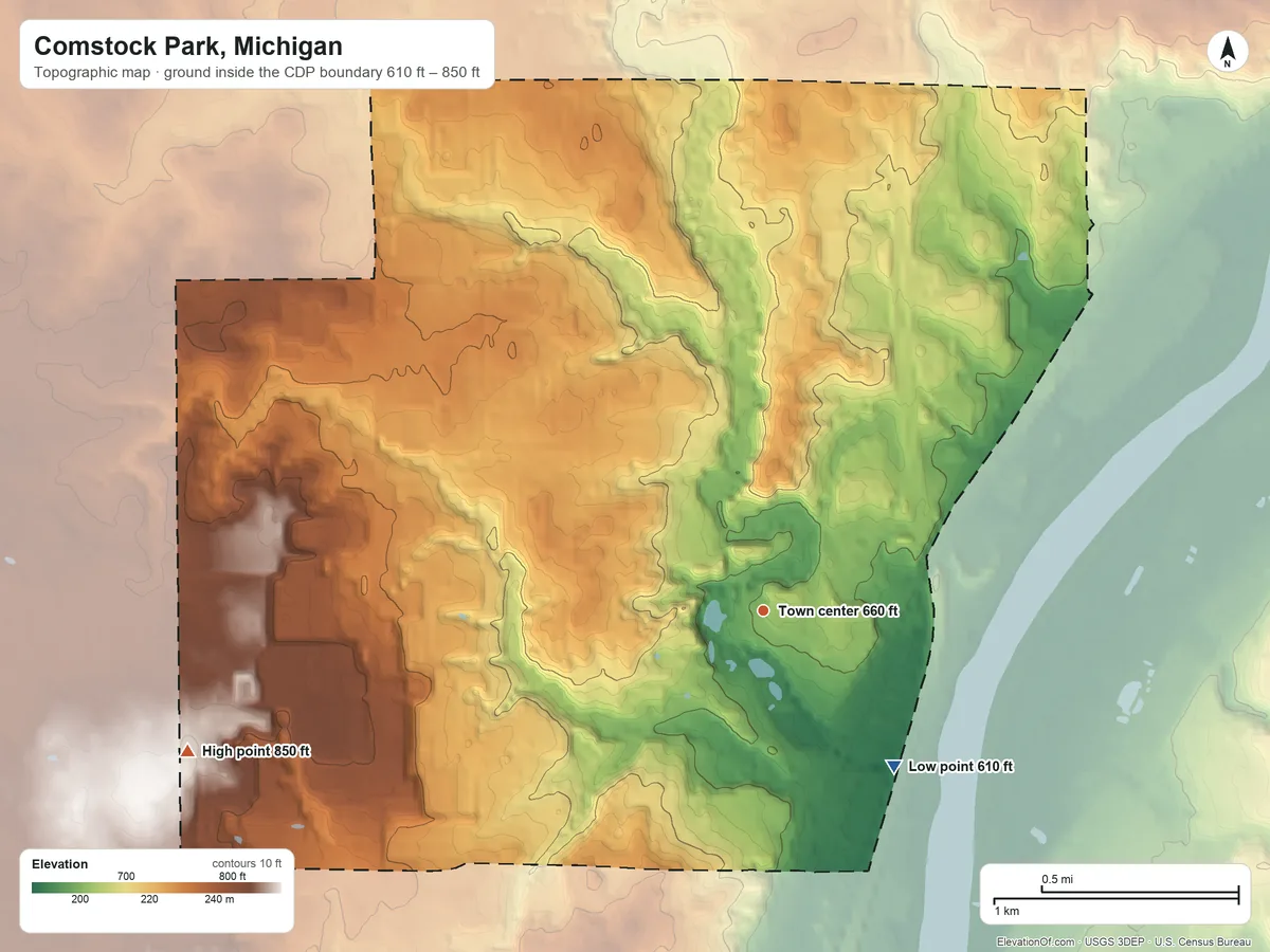 Topographic elevation map of Comstock Park, Michigan, shaded from 610 ft on the southeast side to 850 ft on the west side