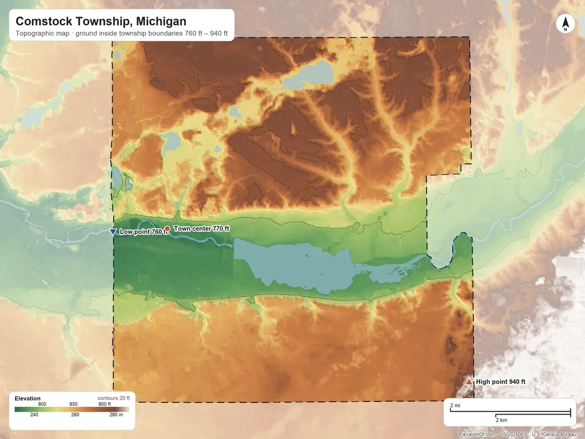 Topographic elevation map of Comstock Township, Michigan, shaded from 760 ft on the west side to 940 ft on the southeast side
