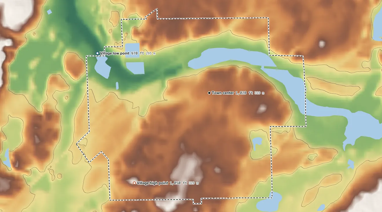 Topographic elevation map of Concord, Michigan, shaded from 970 ft on the west side to 1,050 ft on the southwest side