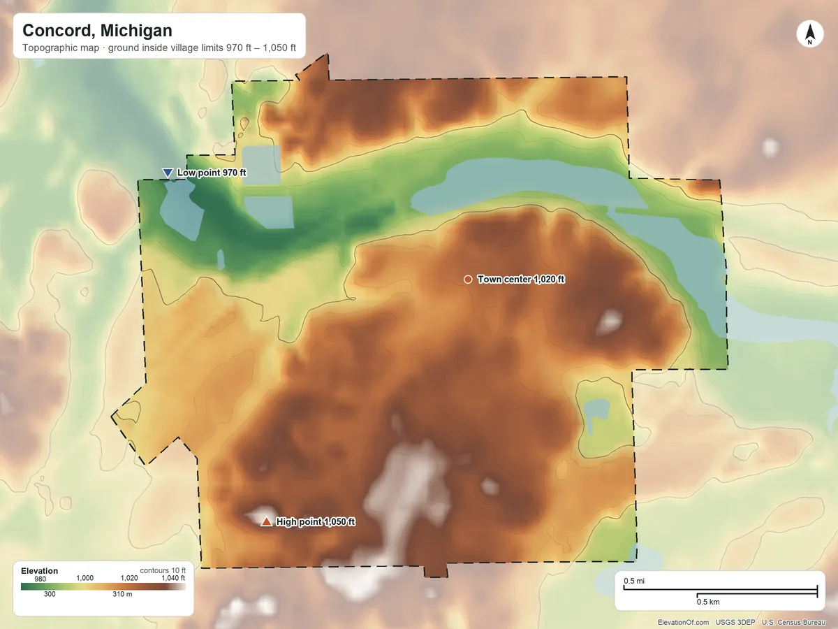Topographic elevation map of Concord, Michigan, shaded from 970 ft on the west side to 1,050 ft on the southwest side