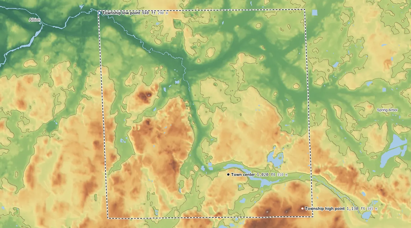 Topographic elevation map of Concord Township, Michigan, shaded from 940 ft on the northwest side to 1,130 ft on the southeast side