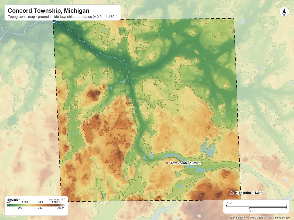 Topographic elevation map of Concord Township, Michigan, shaded from 940 ft on the northwest side to 1,130 ft on the southeast side