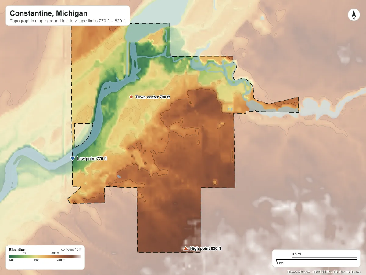 Topographic elevation map of Constantine, Michigan, shaded from 770 ft on the southwest side to 820 ft on the south side