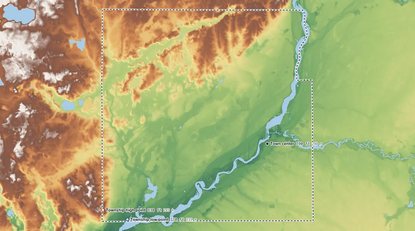 Topographic elevation map of Constantine Township, Michigan, shaded from 770 ft on the southwest side to 930 ft on the west side