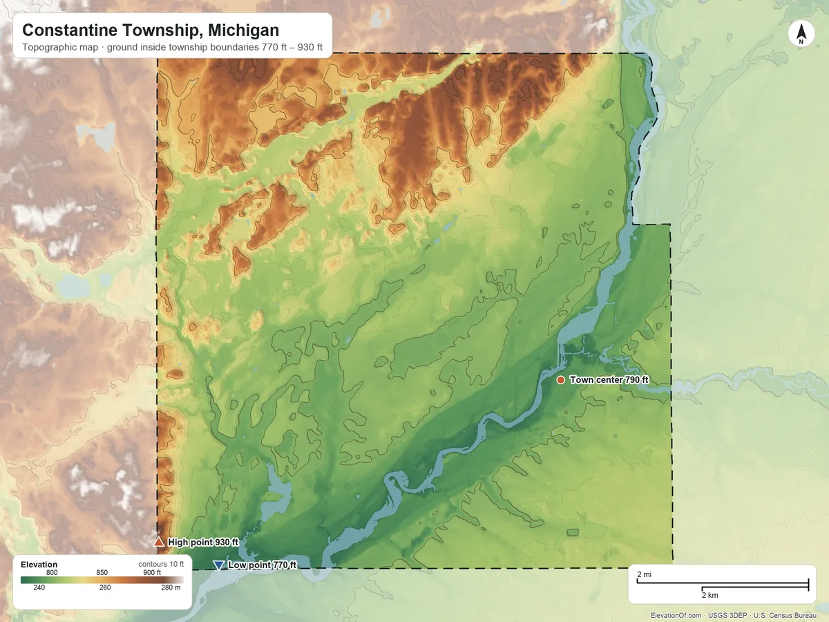 Topographic elevation map of Constantine Township, Michigan, shaded from 770 ft on the southwest side to 930 ft on the west side