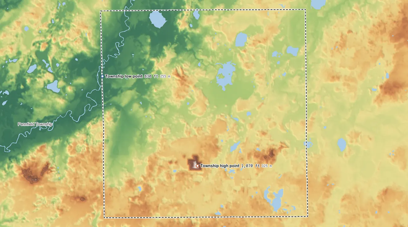 Topographic elevation map of Convis Township, Michigan, shaded from 830 ft on the northwest side to 1,070 ft on the south side