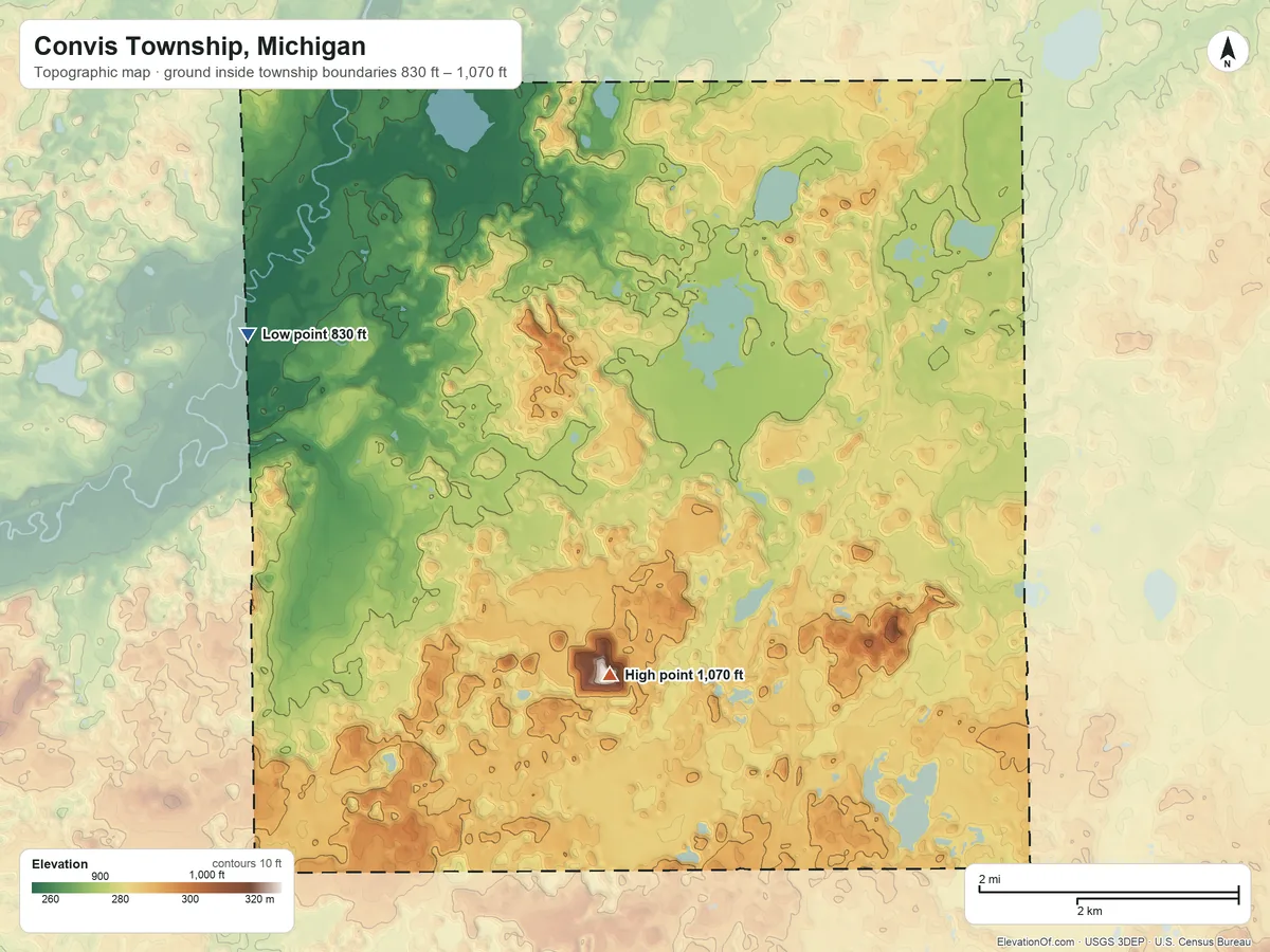 Topographic elevation map of Convis Township, Michigan, shaded from 830 ft on the northwest side to 1,070 ft on the south side
