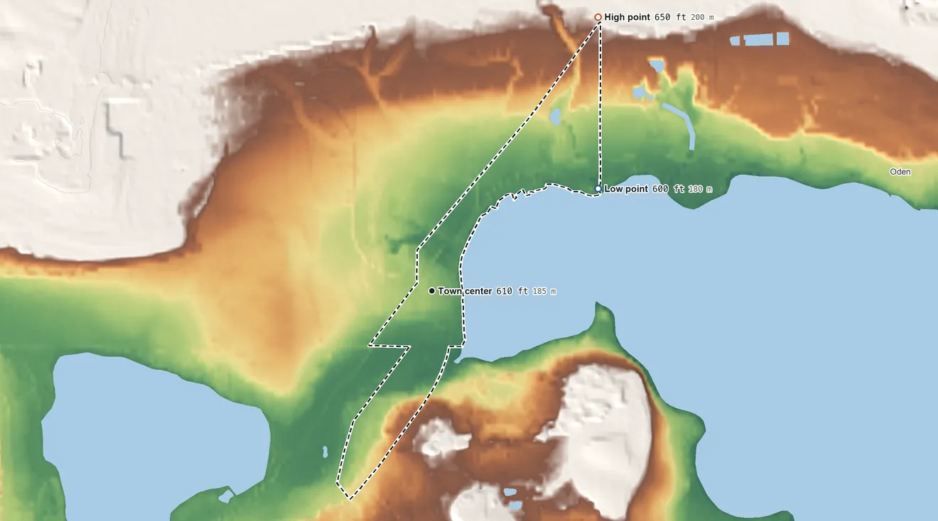 Topographic elevation map of Conway, Michigan, shaded from 600 ft on the northeast side to 650 ft at the foot of the Chandler Hills
