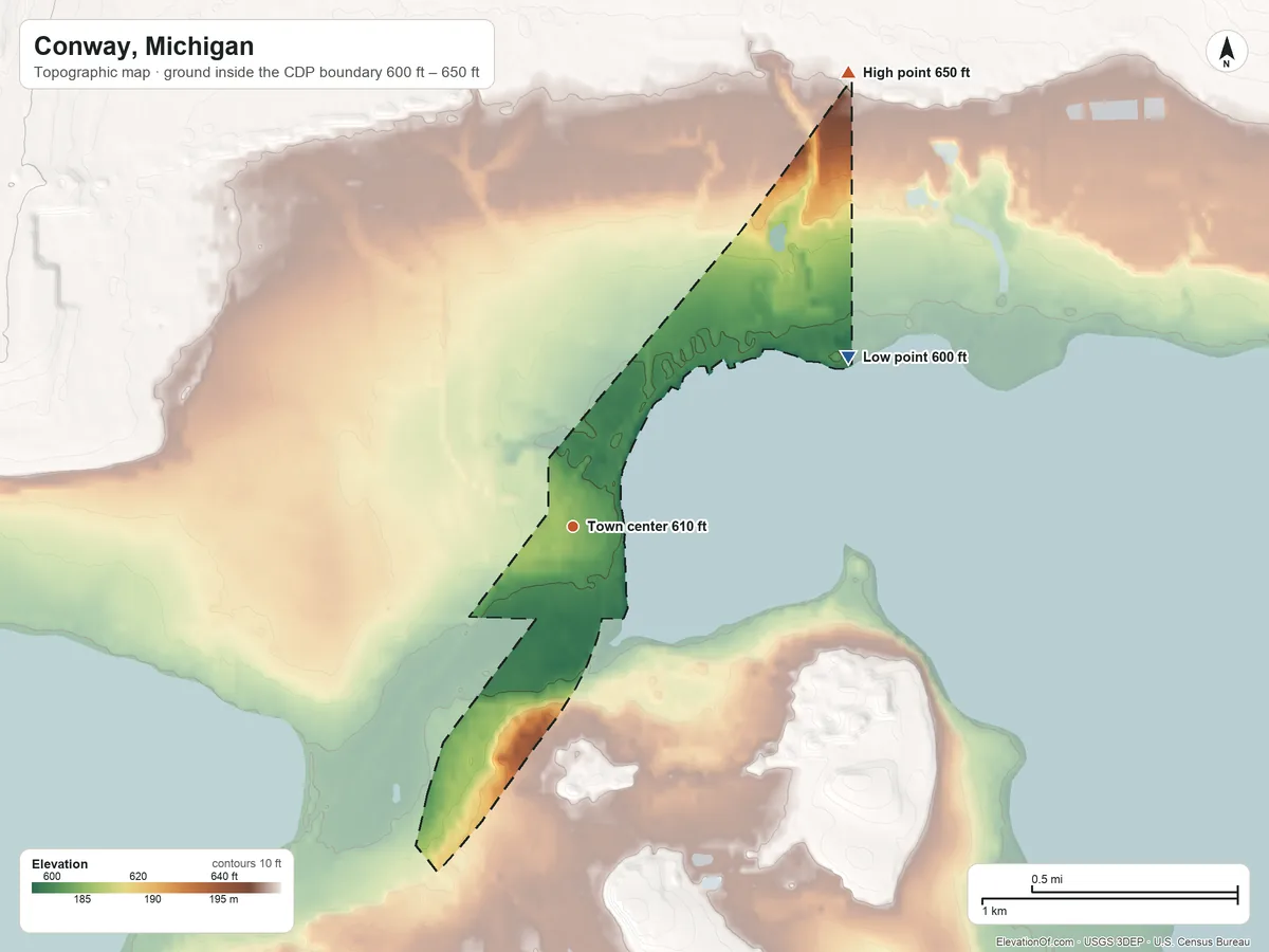 Topographic elevation map of Conway, Michigan, shaded from 600 ft on the northeast side to 650 ft at the foot of the Chandler Hills
