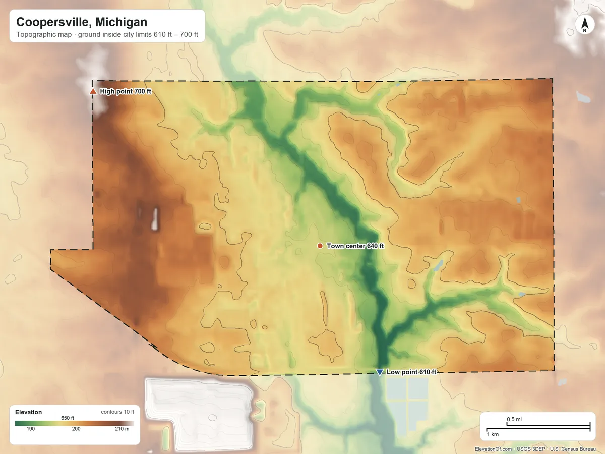 Topographic elevation map of Coopersville, Michigan, shaded from 610 ft on the southeast side to 700 ft on the northwest side