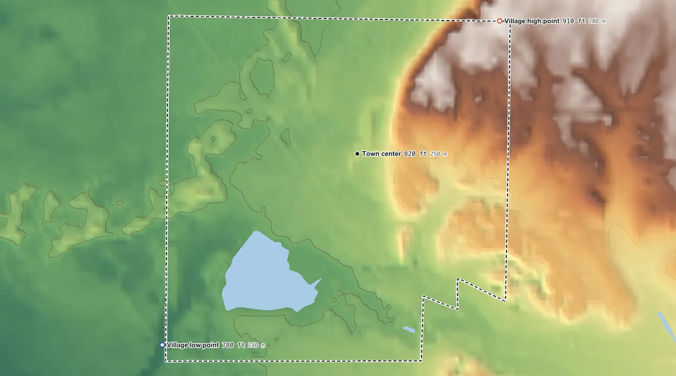 Topographic elevation map of Copemish, Michigan, shaded from 780 ft on the southwest side to 910 ft on the northeast side