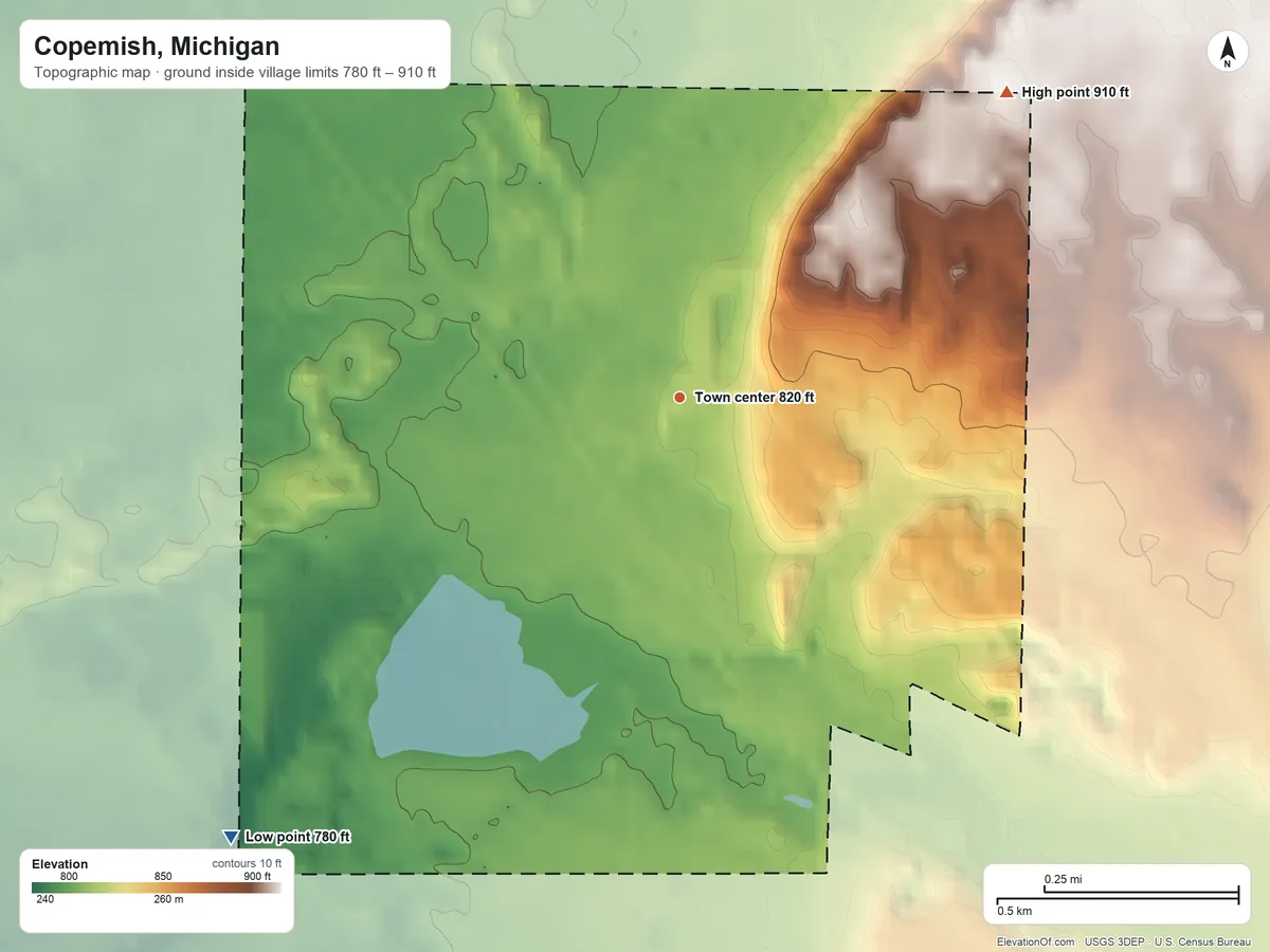 Topographic elevation map of Copemish, Michigan, shaded from 780 ft on the southwest side to 910 ft on the northeast side