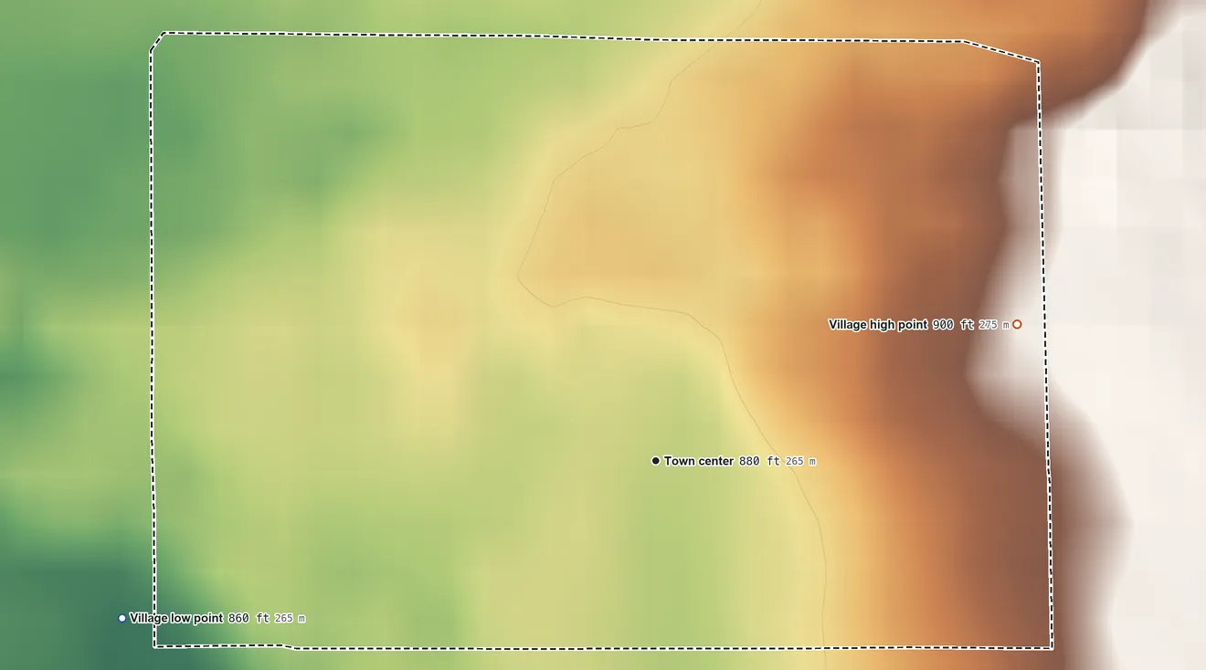 Topographic elevation map of Copper City, Michigan, shaded from 860 ft on the west side to 900 ft on the east side