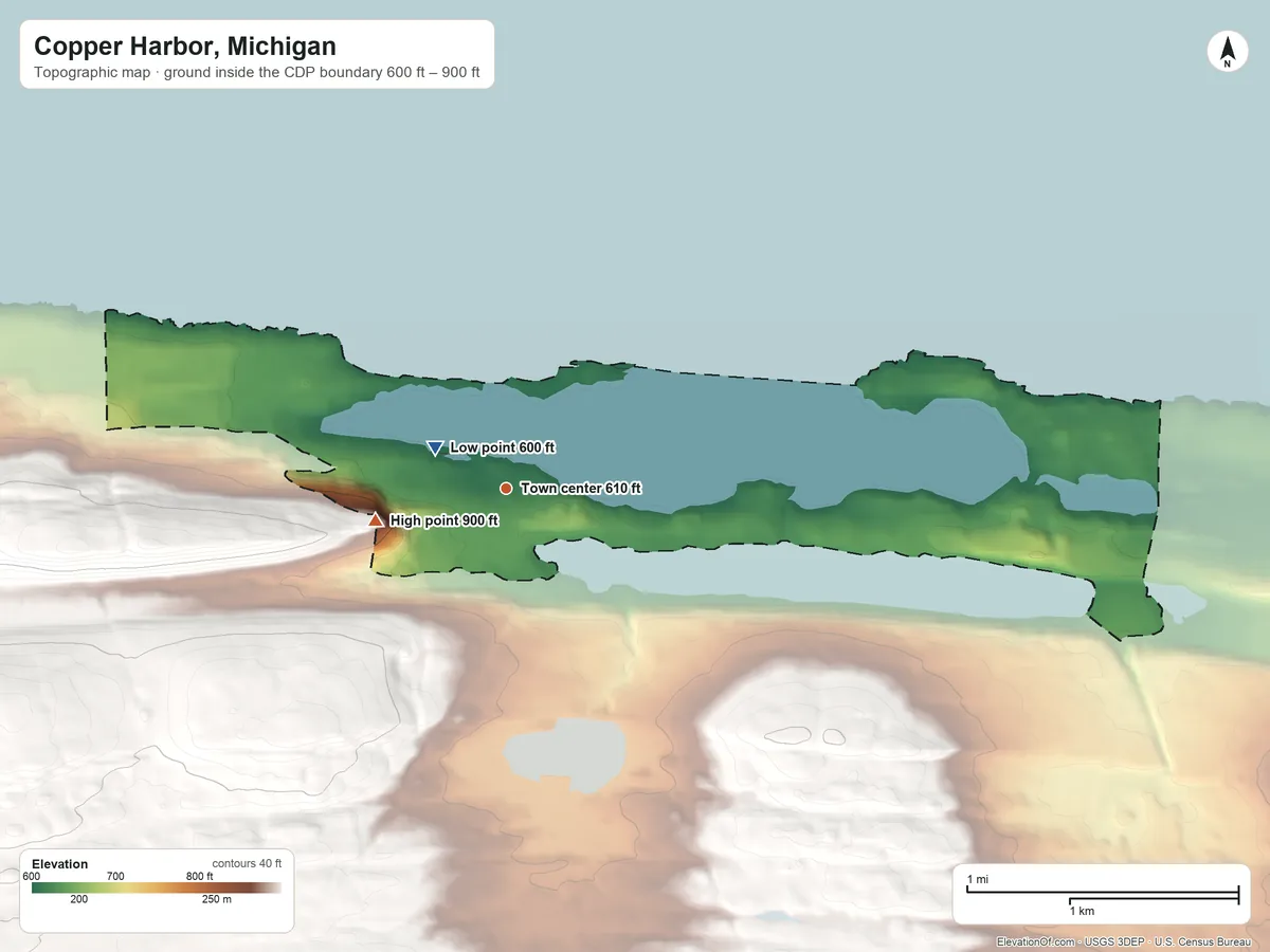 Topographic elevation map of Copper Harbor, Michigan, shaded from 600 ft near the middle to 900 ft on the west edge, below higher ground just outside