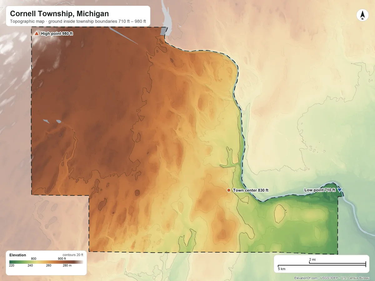 Topographic elevation map of Cornell Township, Michigan, shaded from 710 ft on the east side to 980 ft on the northwest side