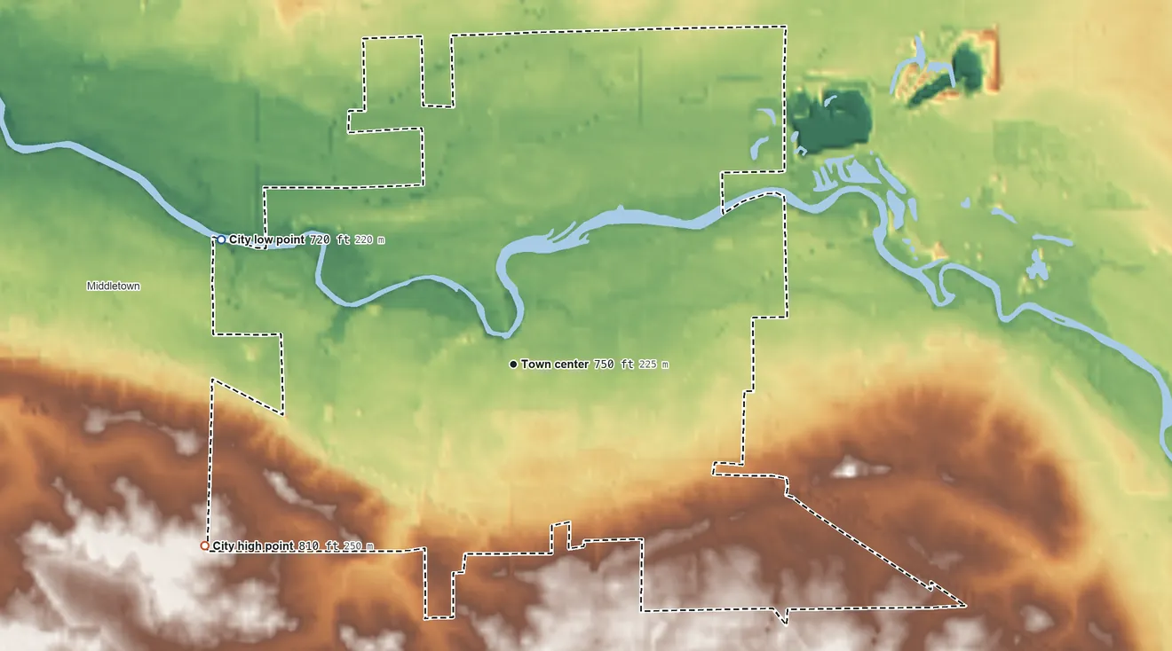 Topographic elevation map of Corunna, Michigan, shaded from 720 ft on the northwest side to 810 ft on the southwest side
