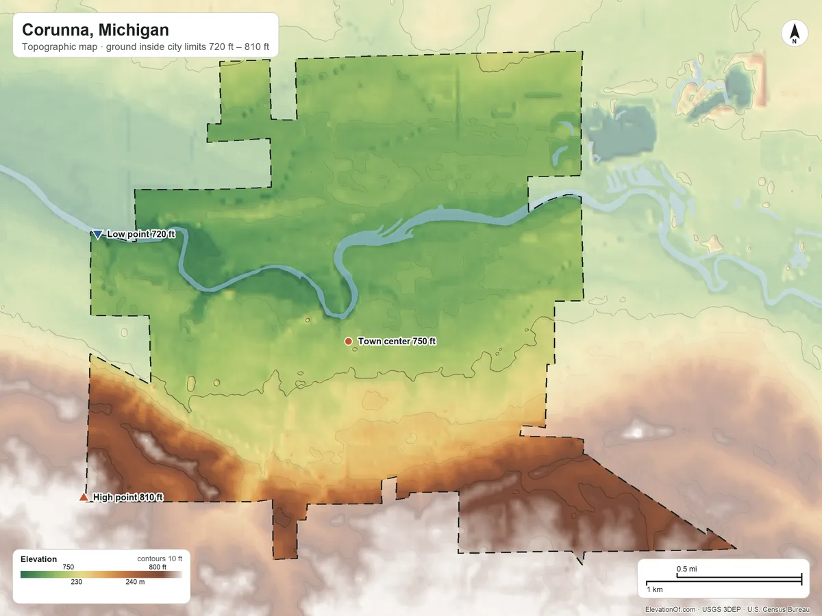 Topographic elevation map of Corunna, Michigan, shaded from 720 ft on the northwest side to 810 ft on the southwest side