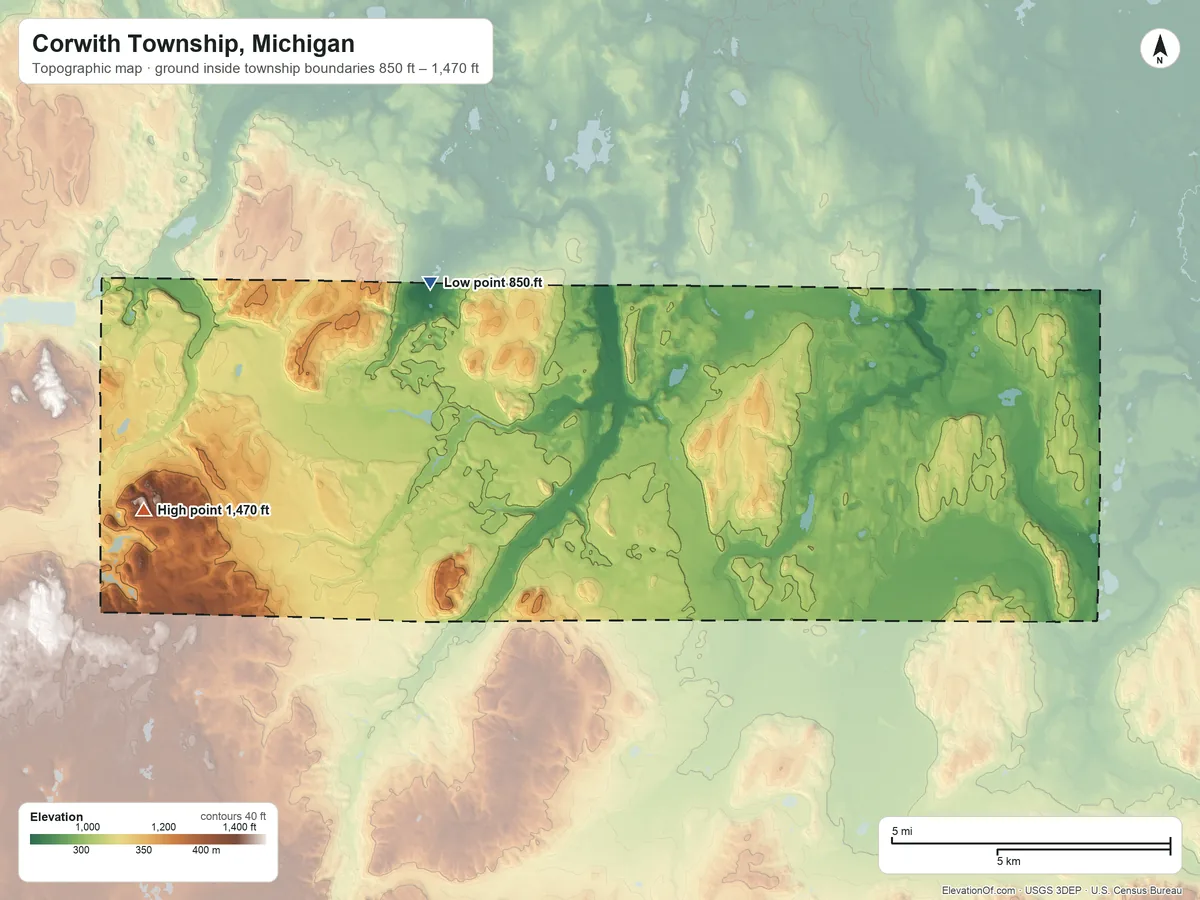Topographic elevation map of Corwith Township, Michigan, shaded from 850 ft on the northeast side to 1,470 ft on Watson Hills