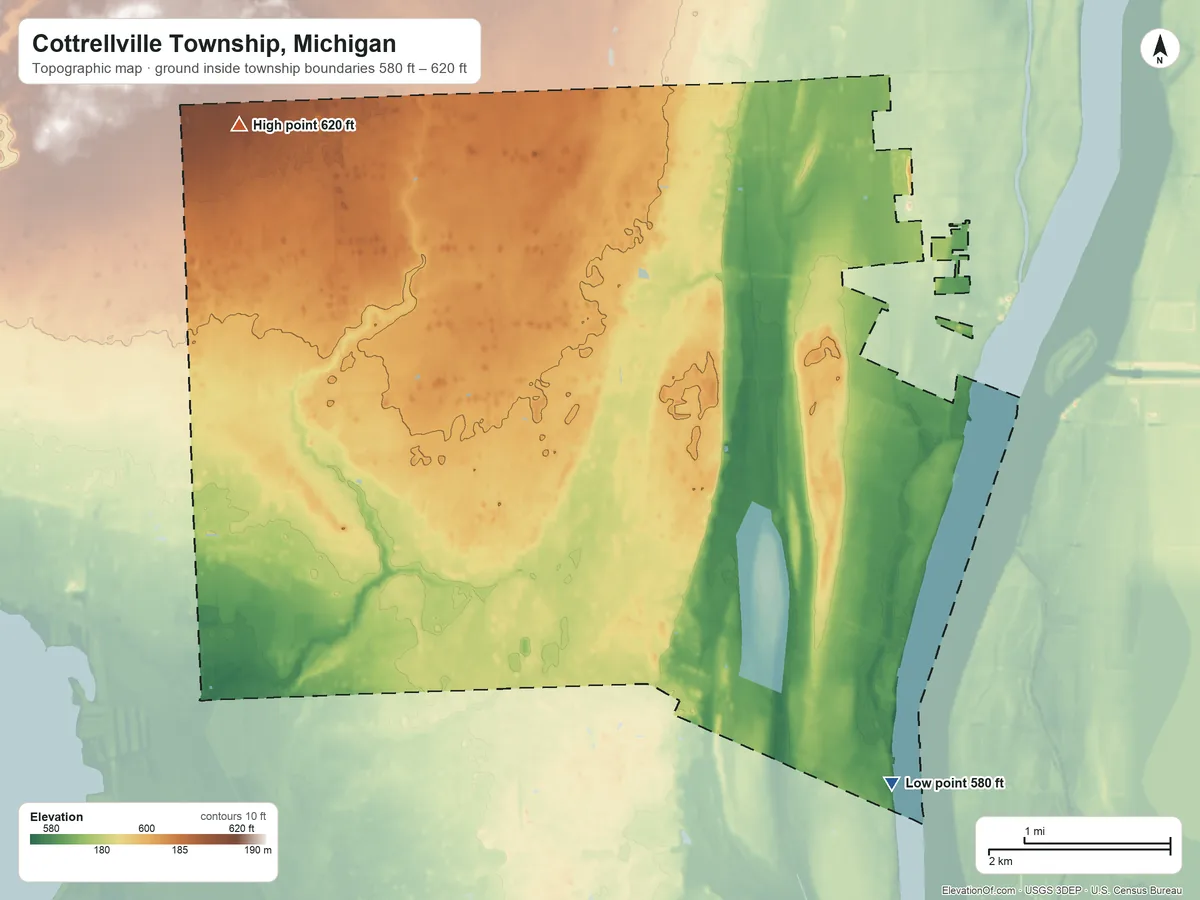 Topographic elevation map of Cottrellville Township, Michigan, shaded from 580 ft on the southeast side to 620 ft on the northwest side