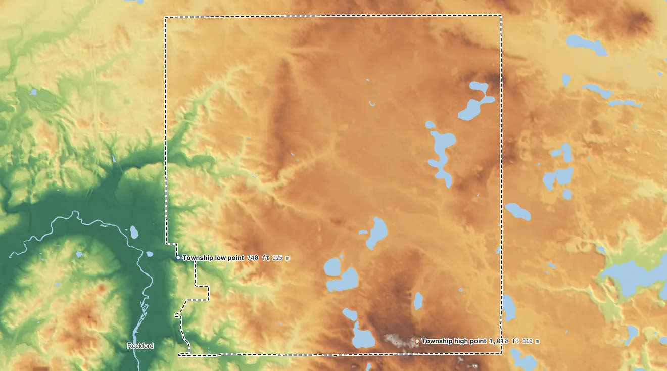 Topographic elevation map of Courtland Township, Michigan, shaded from 740 ft on the west side to 1,010 ft on the southeast side