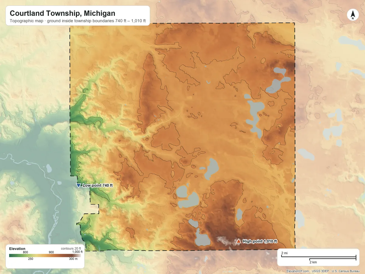 Topographic elevation map of Courtland Township, Michigan, shaded from 740 ft on the west side to 1,010 ft on the southeast side