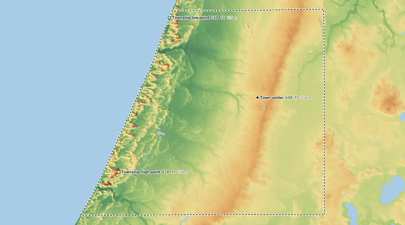 Topographic elevation map of Covert Township, Michigan, shaded from 580 ft on the northwest side to 820 ft on the southwest side