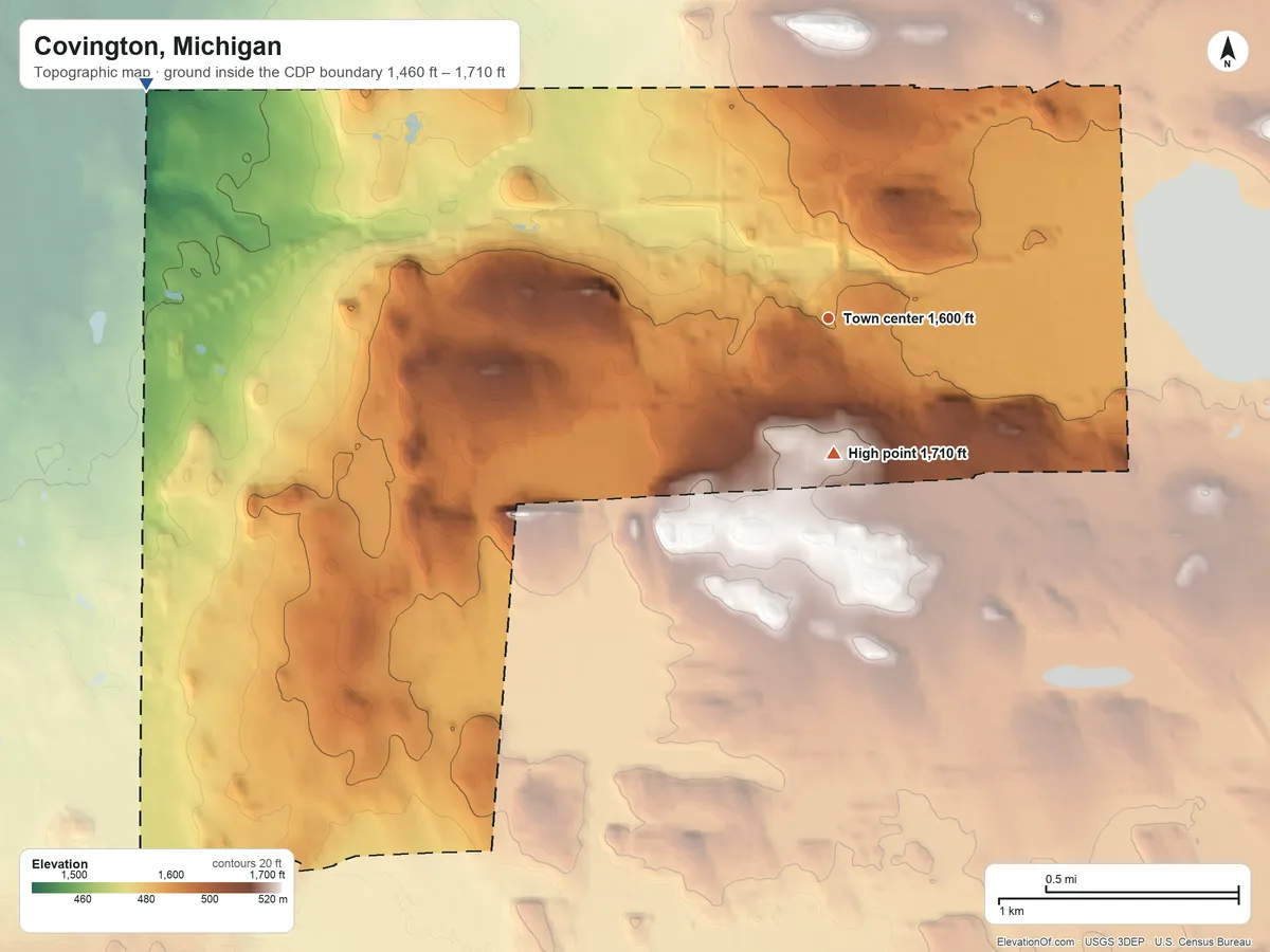 Topographic elevation map of Covington, Michigan, shaded from 1,460 ft on the west side to 1,710 ft on the south side