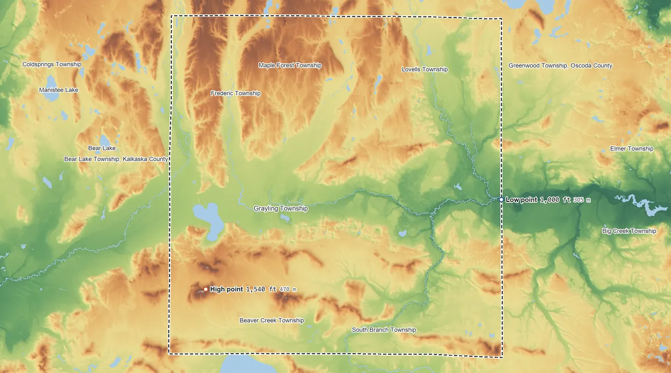 Topographic elevation map of Crawford County, Michigan, shaded from 1,000 ft on the east side to 1,540 ft on the southwest side