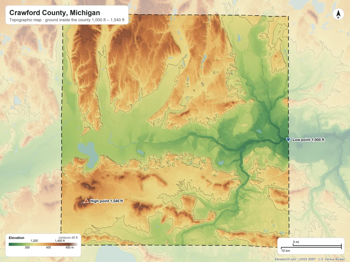 Topographic elevation map of Crawford County, Michigan, shaded from 1,000 ft on the east side to 1,540 ft on the southwest side