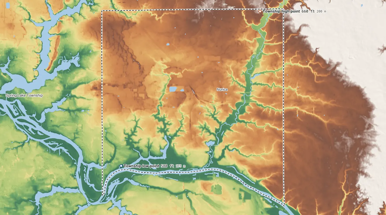 Topographic elevation map of Crockery Township, Michigan, shaded from 580 ft on the southwest side to 660 ft on the northeast side