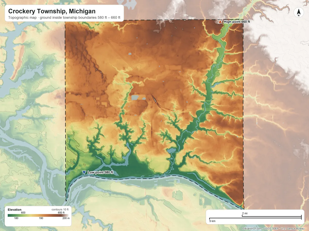 Topographic elevation map of Crockery Township, Michigan, shaded from 580 ft on the southwest side to 660 ft on the northeast side