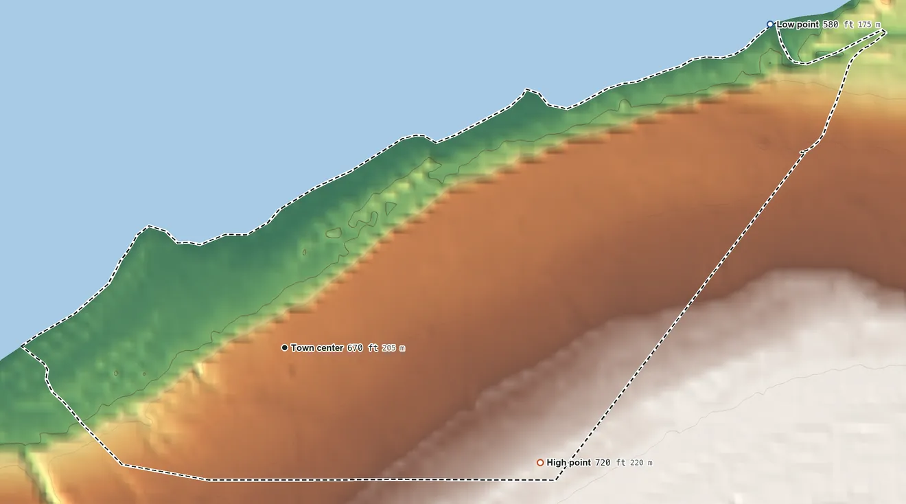 Topographic elevation map of Cross Village, Michigan, shaded from 580 ft on the northeast side to 720 ft on the southeast side