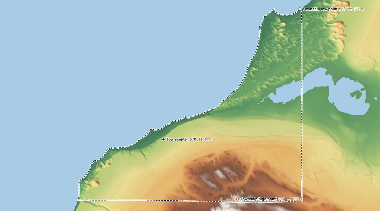 Topographic elevation map of Cross Village Township, Michigan, shaded from 580 ft on the northeast side to 910 ft on the southeast side