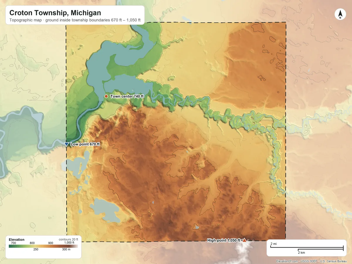 Topographic elevation map of Croton Township, Michigan, shaded from 670 ft on the southwest side to 1,050 ft on the southeast side