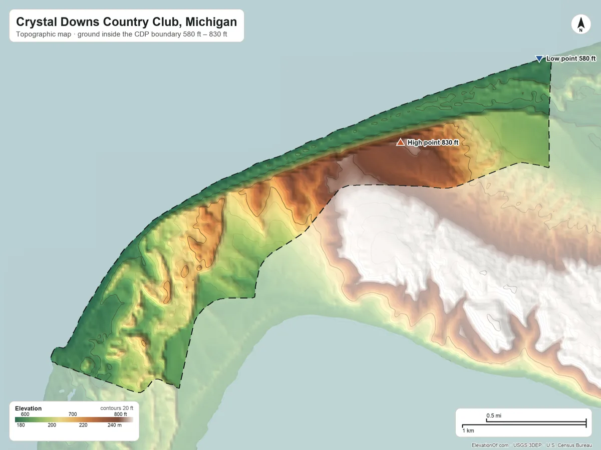 Topographic elevation map of Crystal Downs Country Club, Michigan, shaded from 580 ft on the northeast side to 830 ft on the northeast side