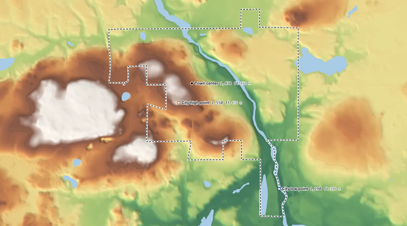 Topographic elevation map of Crystal Falls, Michigan, shaded from 1,290 ft on the southeast side to 1,550 ft near the middle