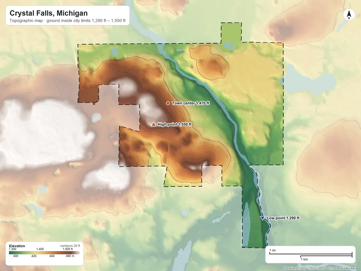 Topographic elevation map of Crystal Falls, Michigan, shaded from 1,290 ft on the southeast side to 1,550 ft near the middle