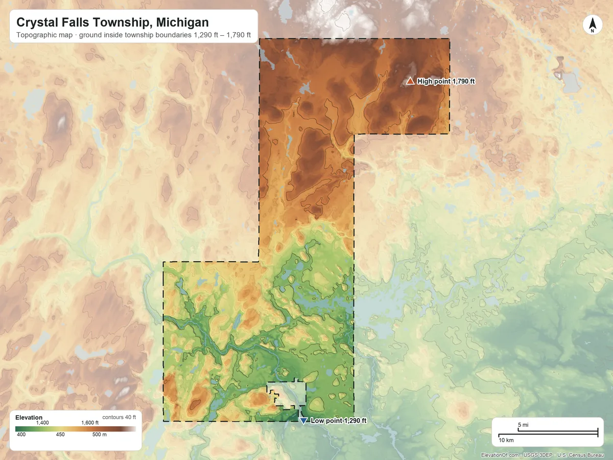 Topographic elevation map of Crystal Falls Township, Michigan, shaded from 1,290 ft on the southeast side to 1,790 ft on the northeast side