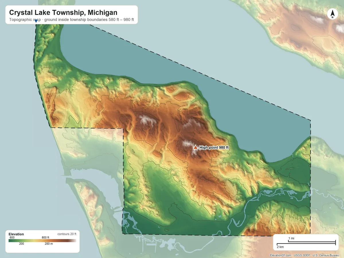 Topographic elevation map of Crystal Lake Township, Michigan, shaded from 580 ft on the northwest side to 980 ft on the east side