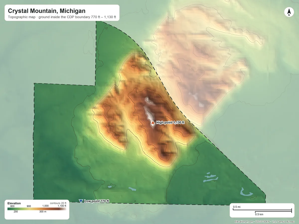 Topographic elevation map of Crystal Mountain, Michigan, shaded from 770 ft on the west side to 1,130 ft on Buck Hills