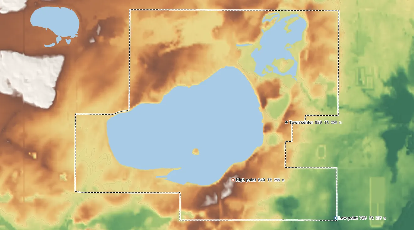 Topographic elevation map of Crystal, Michigan, shaded from 780 ft on the southeast side to 840 ft on the southwest side