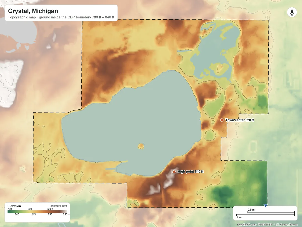 Topographic elevation map of Crystal, Michigan, shaded from 780 ft on the southeast side to 840 ft on the southwest side