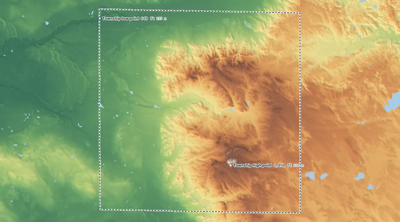 Topographic elevation map of Crystal Township, Oceana County, Michigan, shaded from 640 ft on the northwest side to 1,090 ft on the southeast side