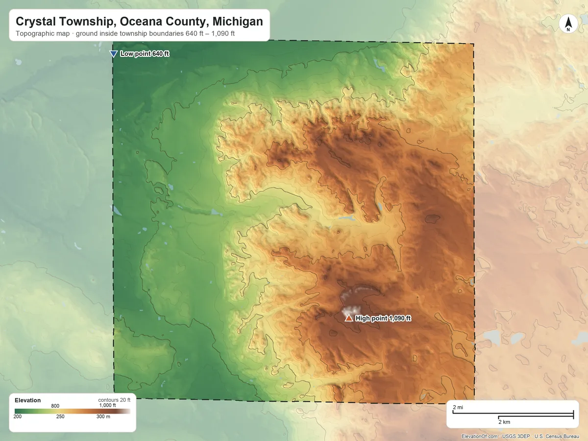 Topographic elevation map of Crystal Township, Oceana County, Michigan, shaded from 640 ft on the northwest side to 1,090 ft on the southeast side