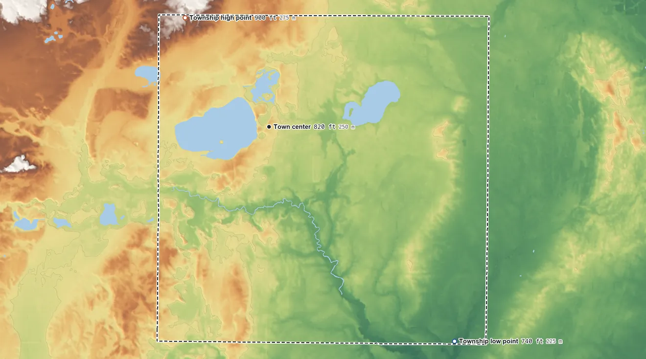 Topographic elevation map of Crystal Township, Michigan, shaded from 740 ft on the southeast side to 900 ft on the northwest side