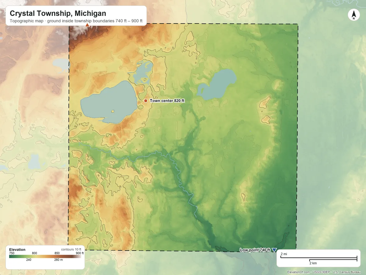 Topographic elevation map of Crystal Township, Michigan, shaded from 740 ft on the southeast side to 900 ft on the northwest side