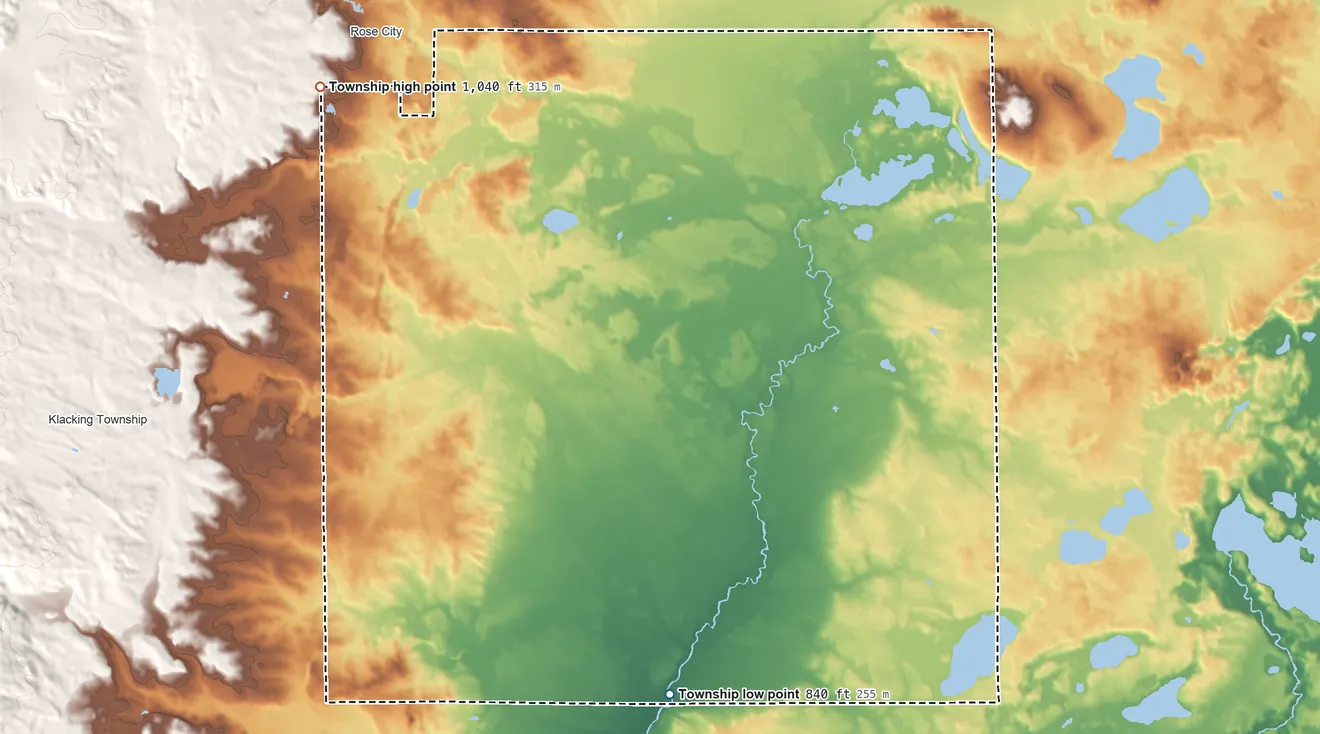 Topographic elevation map of Cumming Township, Michigan, shaded from 840 ft on the south side to 1,040 ft on the northwest side