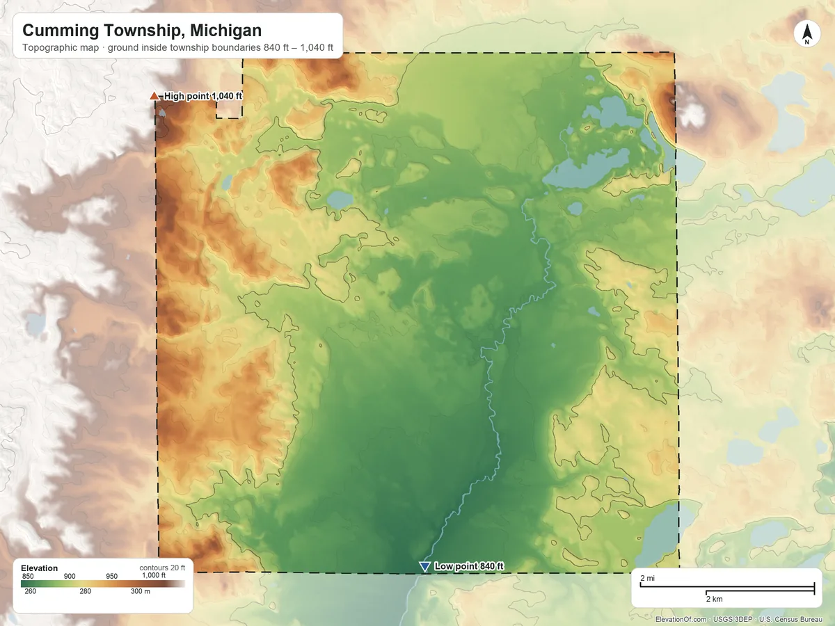 Topographic elevation map of Cumming Township, Michigan, shaded from 840 ft on the south side to 1,040 ft on the northwest side